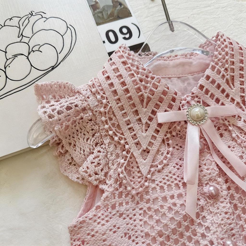 Girls' Pink Bow Top & Lace Shorts Two-Piece Summer Set