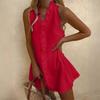 Women's V Neck Sleeveless Mini Dress Loose Fit Mid Waist Elegant Solid Ruffle Trim Linen Blend Casual Summer Dress