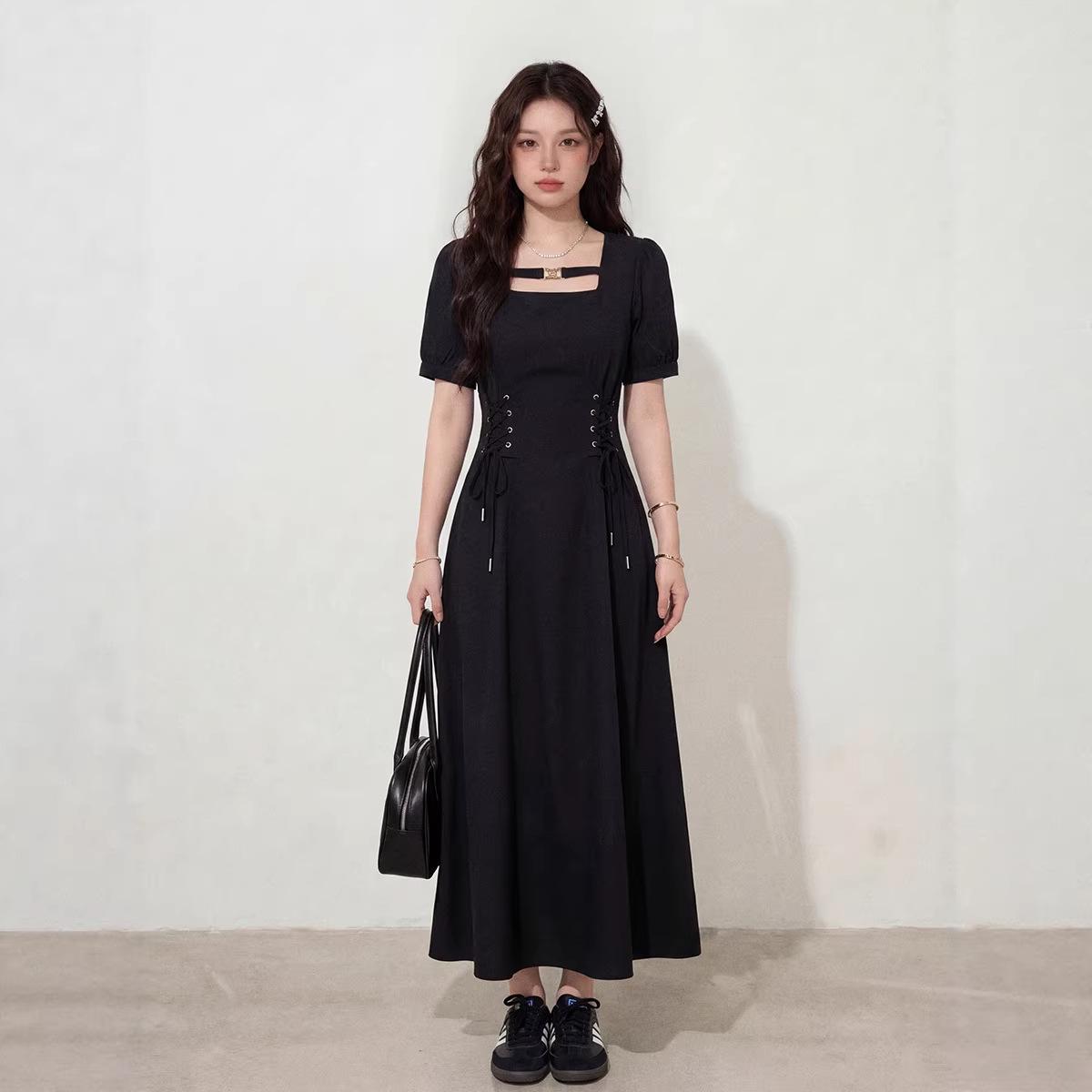 Plus Size French Retro Slimming Black Denim Dress with Cinched Waist - 2026 Summer Collection. 4XL