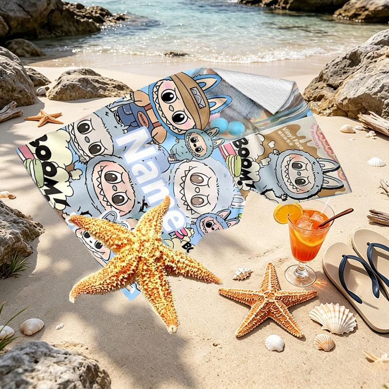 Custom Name Personalized Labubu Print Beach Towel, for Trip Camping Beach Party Home Decor, Birthday Gift for Family & Friends