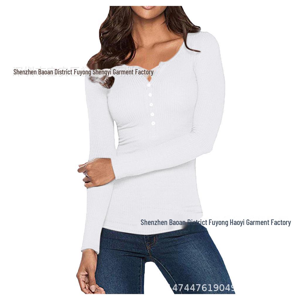 

2023 Узкая футболка с V-образным вырезом и длинными рукавами на пуговицах Extra Large белый