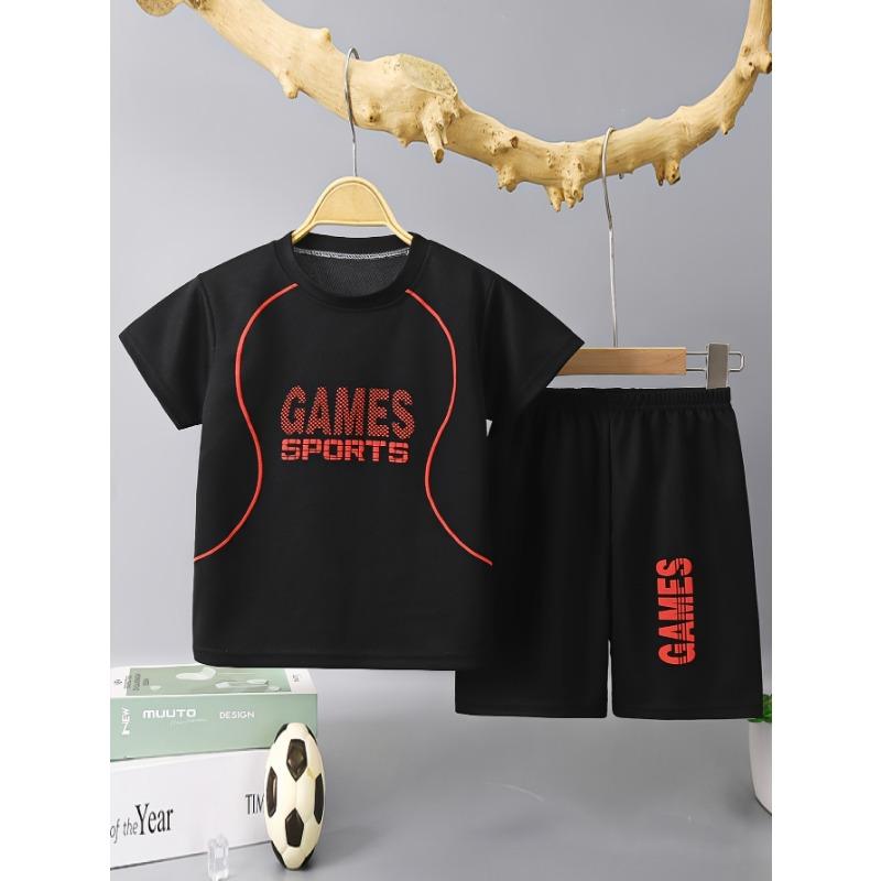 Boy's Quick-drying Outfit 2pcs, GAMES SPORTS Print T-shirt & Shorts Set, Kid's Clothes For Summer Outdoor Wear