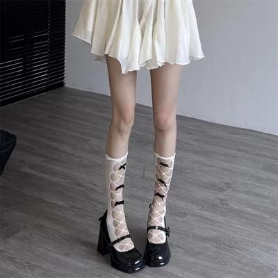New Alternative Unique Hollow Out Design Fishnet Stockings Women Sexy JK Bowknot Pearl Ruffle-edge Nylon Knee High Long Socks