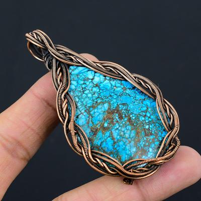 Tibétain Turquoise Gemstone Copper Wire Wrap Fait à la main Pendentif Bijoux Cadeau pour elle