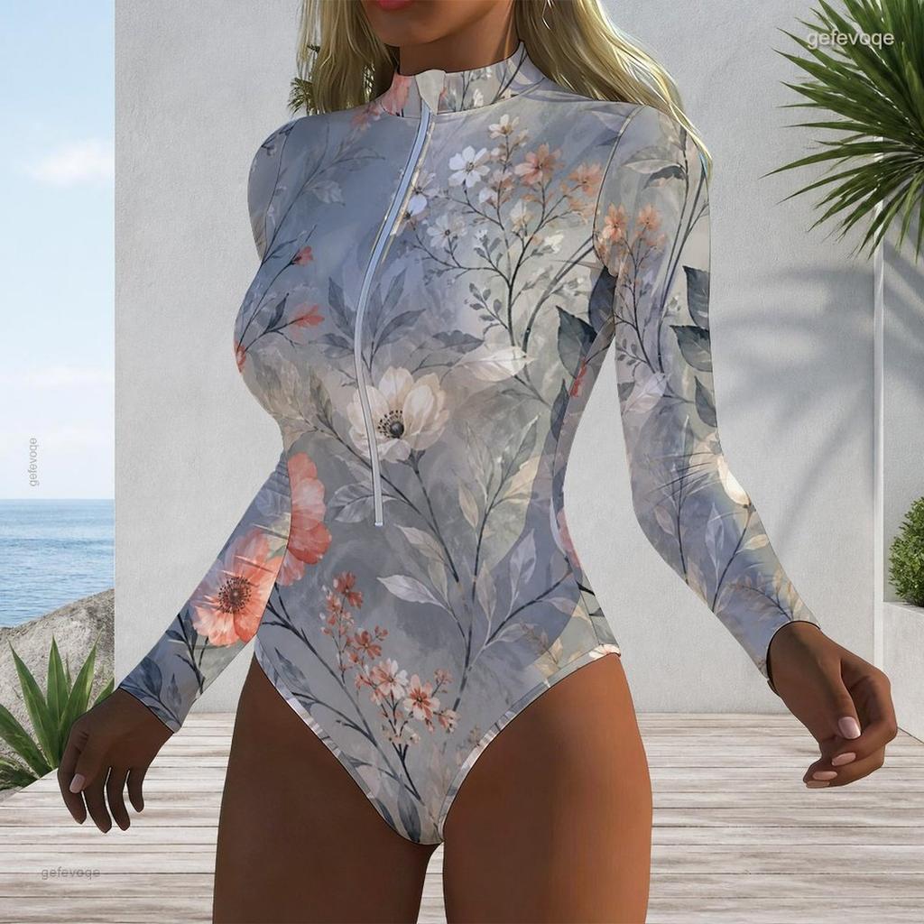 Women Plus Size Long Sleeve High Neck Front Zipper Leaf Geometric Print One Piece Swimsuit