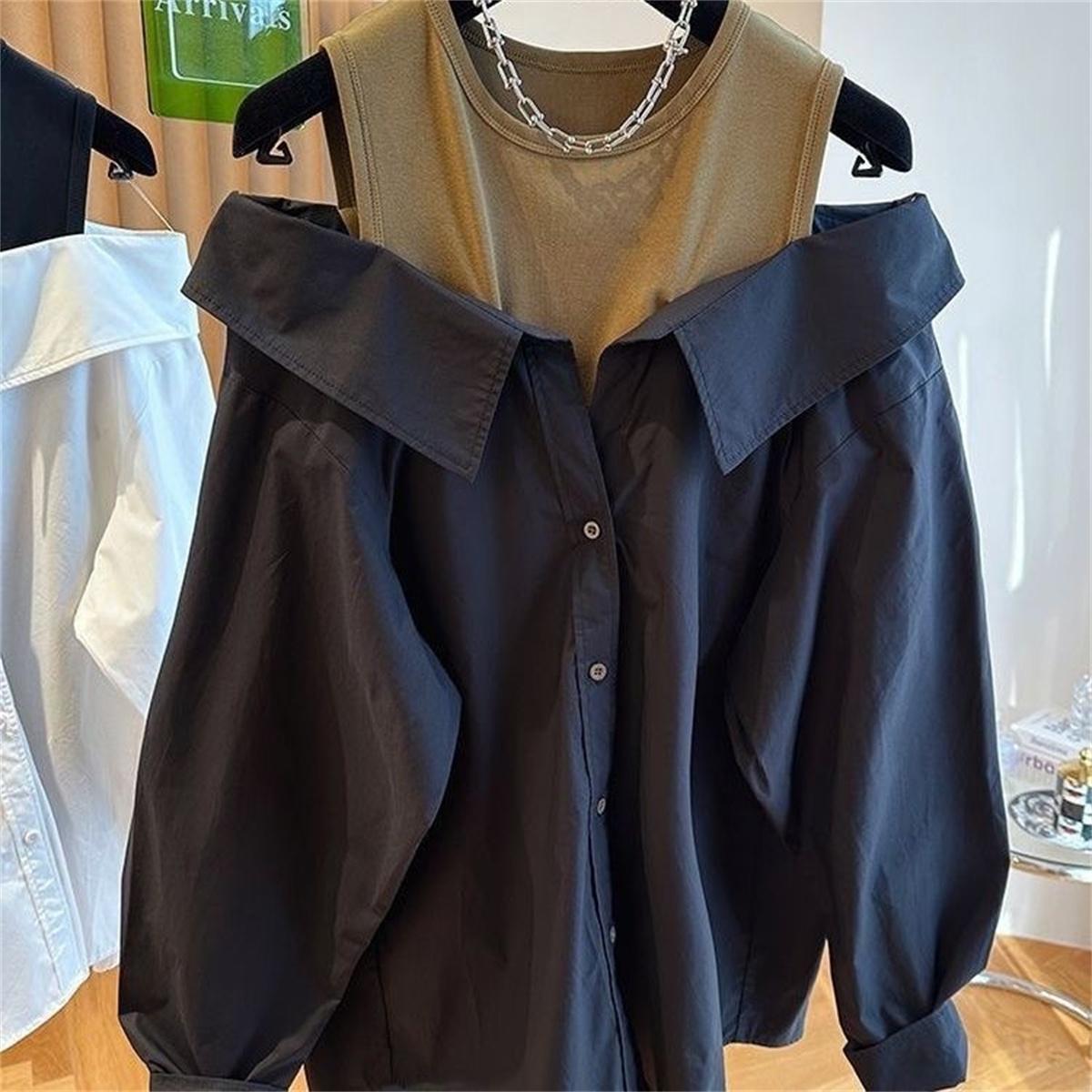 

Женская блузка из двух частей с воротником-поло, свободная майка, сшитые рубашки с длинным рукавом, блузки с открытыми плечами, осенние пуловеры, топ XL чёрный