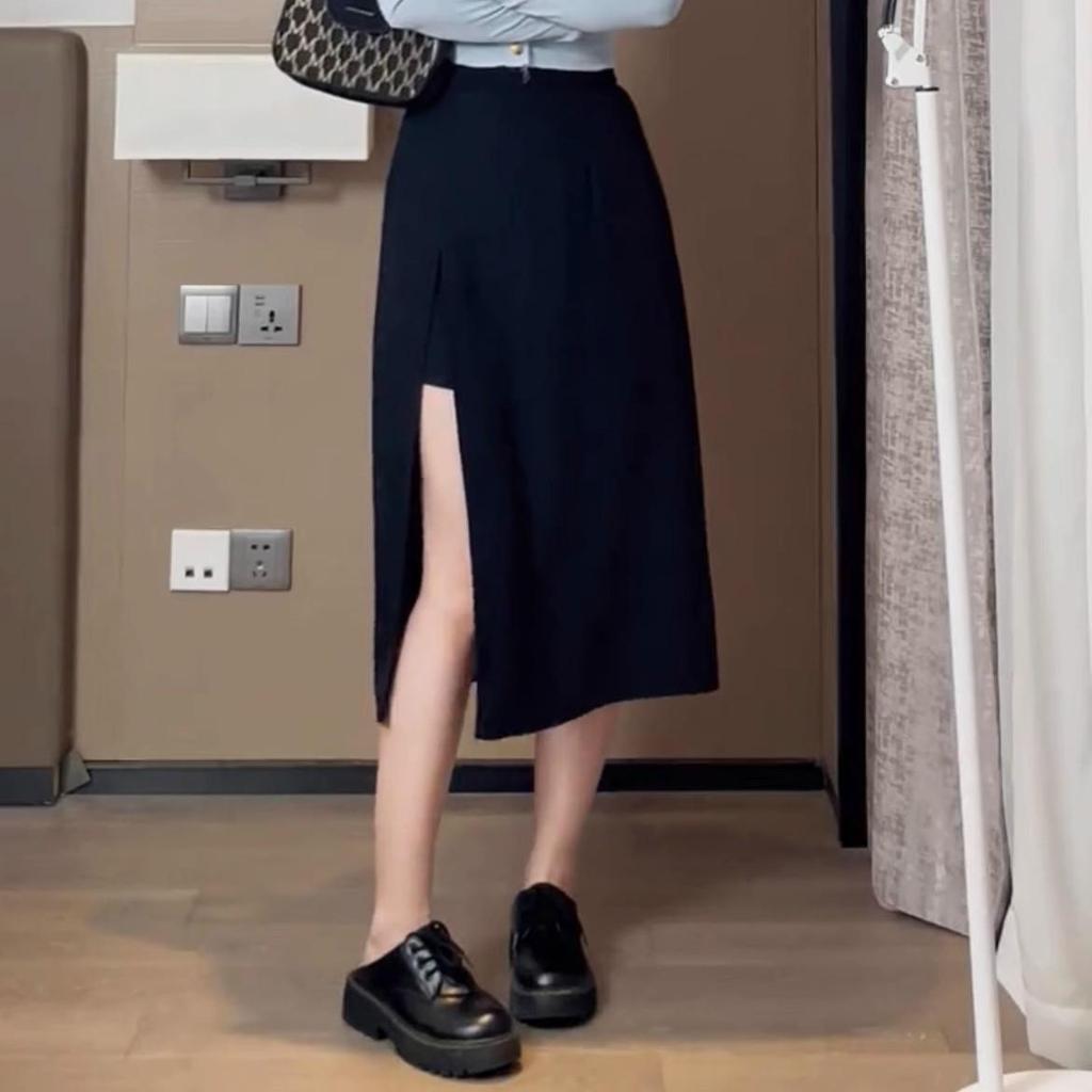 Women's Plus Size Black A-line Midi Skirt - High Waist, Slit, Slimming, Summer Fashion