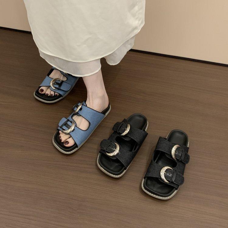 2025 Summer New Denim Casual Flat Bottom Square Head Buckle with Slippers Women's Sandals Wear Versatile Slippers Women's Trend