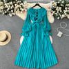 Summer new waist slim lapel pleated dress socialite temperament ruffle edge long sleeves big swing long dress tide