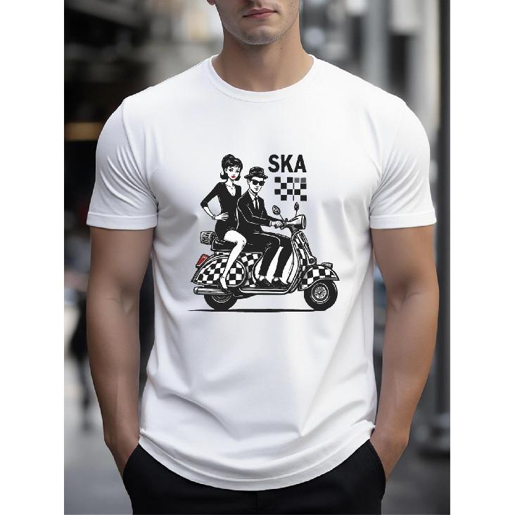 Men'S Ska Music T-Shirt - White Retro Scooter & Ska Band Graphic Short Sleeve - Breathable Loose Fit Casual Streetwear with Vintage 1950s Inspired
