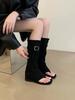 Stivali da Donna Sexy Neri in Scamoscio con Volant Sandali Gladiatore Bassi Estivi da Donna Sandali Stivali Western da Cowboy Donna