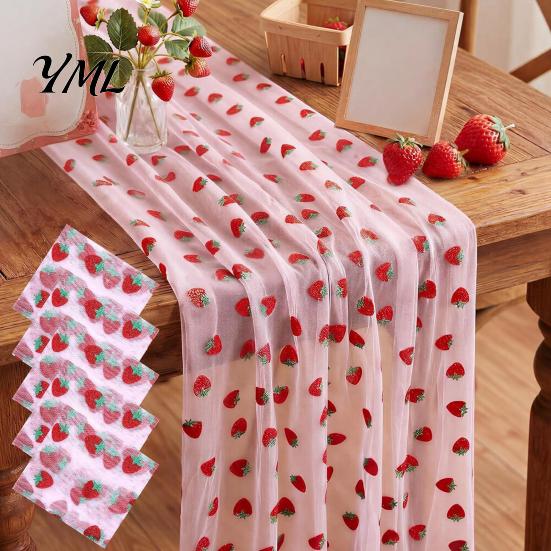 Elegant Event Table Liners Sheer Tulle Runner, Strawberry Cherry Lemon Pattern, Summer Runner Overlay, Seasonal Fruit for Birthday Party Wedding Decor