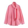 1116 Summer European and American Women's Clothing Contrasting Colors Vertical Striped Shirt Women's French Streamer Collar Thin Temperament Shirt