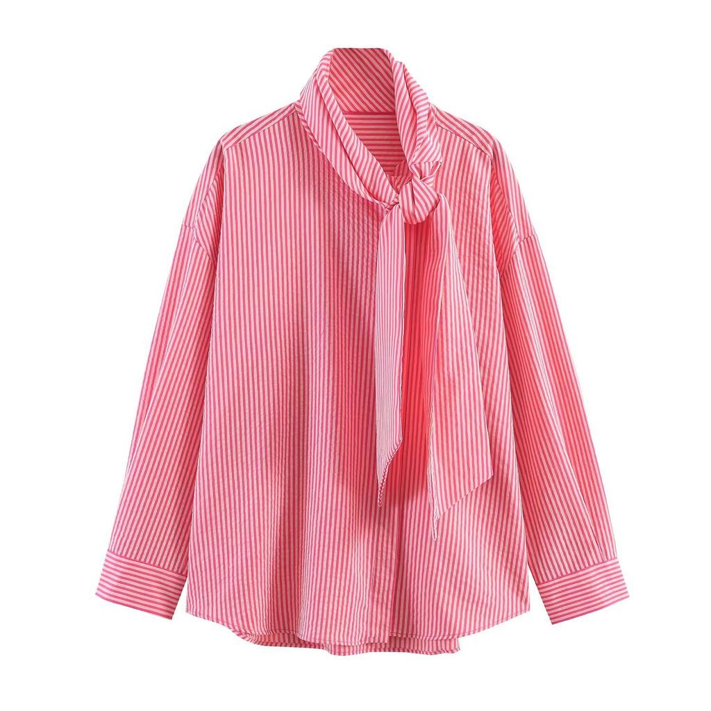 1116 Summer European and American Women's Clothing Contrasting Colors Vertical Striped Shirt Women's French Streamer Collar Thin Temperament Shirt
