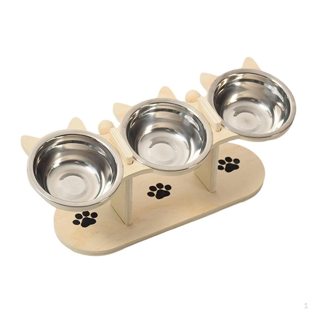 Elevated Cat Bowls Feeding Station Portable Stable with 3 Stainless Steel Pet Dish for