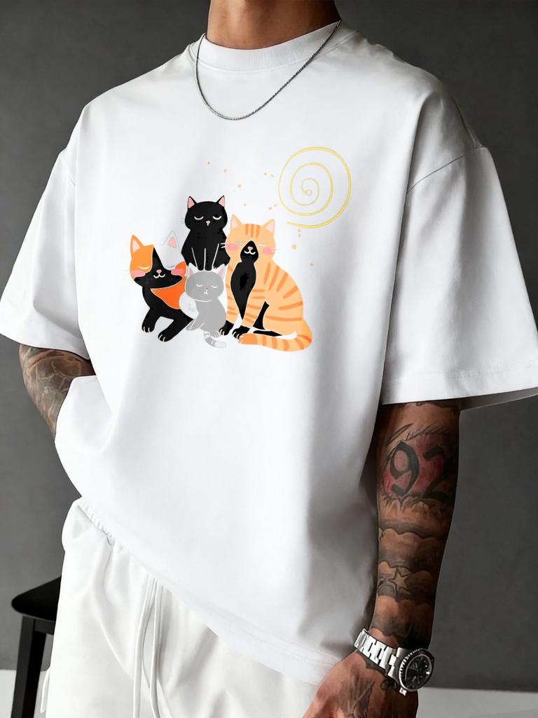 Unisex Navy Tee Four Cute Sleeping Kittens With Spiral Pattern Cartoon Print Crew Neck Loose Casual Male Short Sleeve Tops