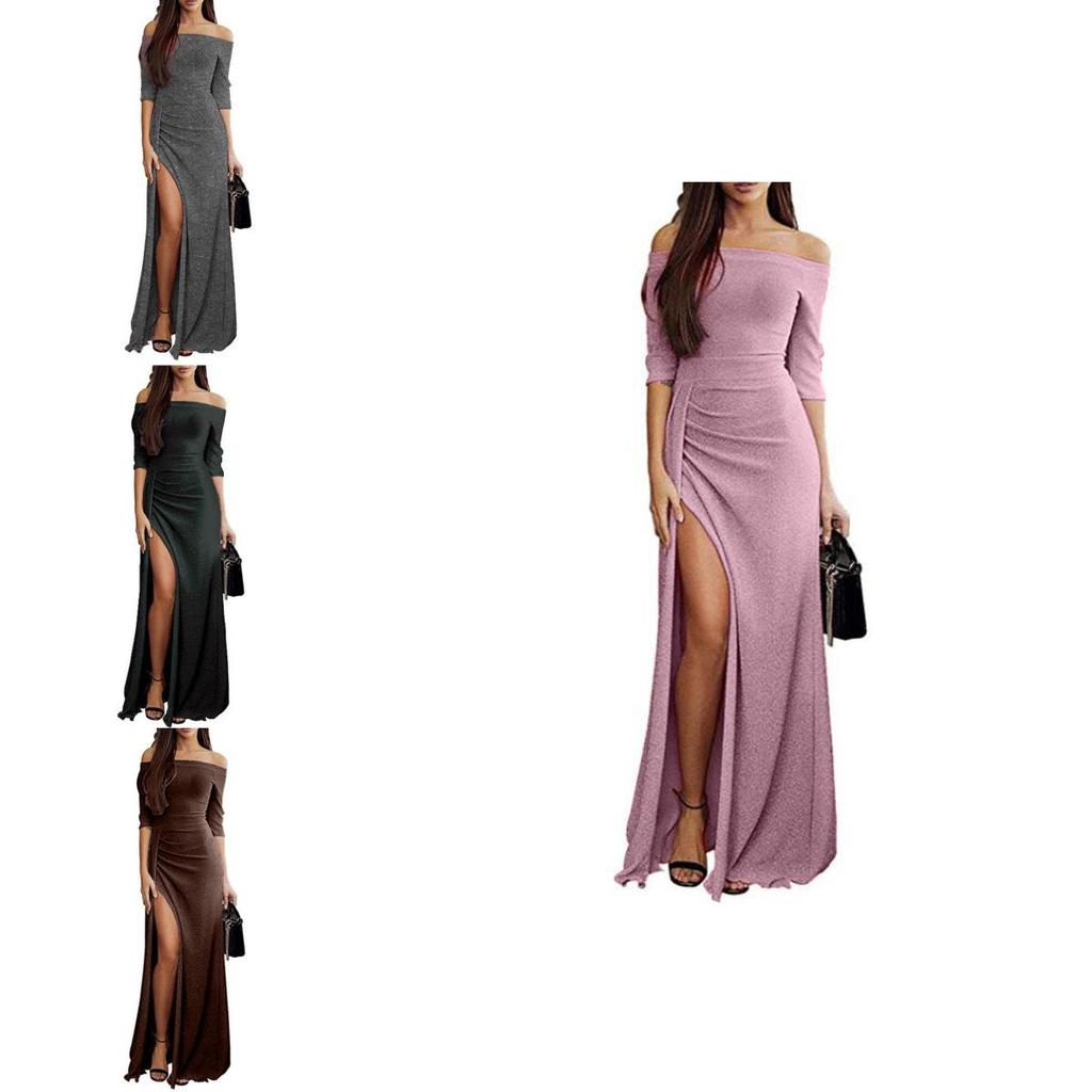 Elegant Women Casual Long Sleeve Patchwork Sequined Off Shoulder Pullover Dress