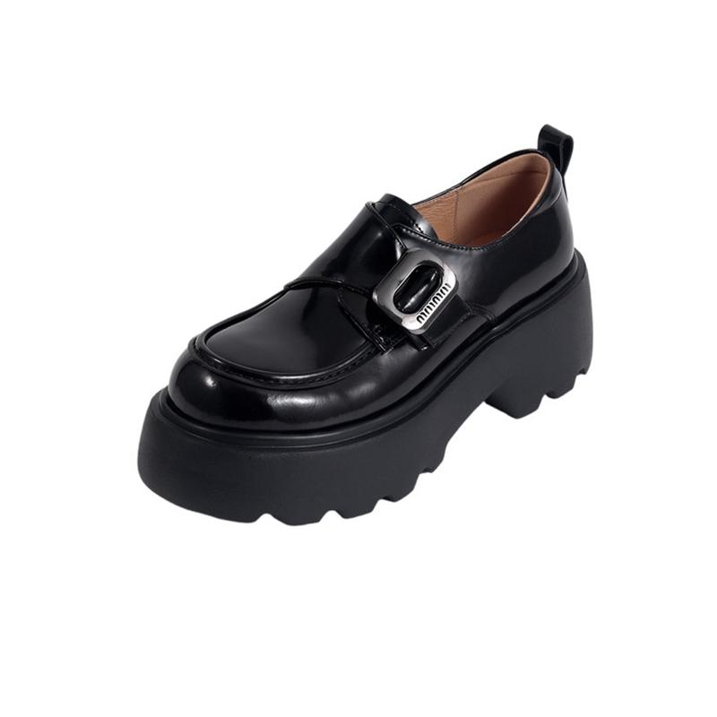 Fashion Women's new leather cowhide thick sole waterproof platform high heels metal belt buckle college style single shoes casual shoes