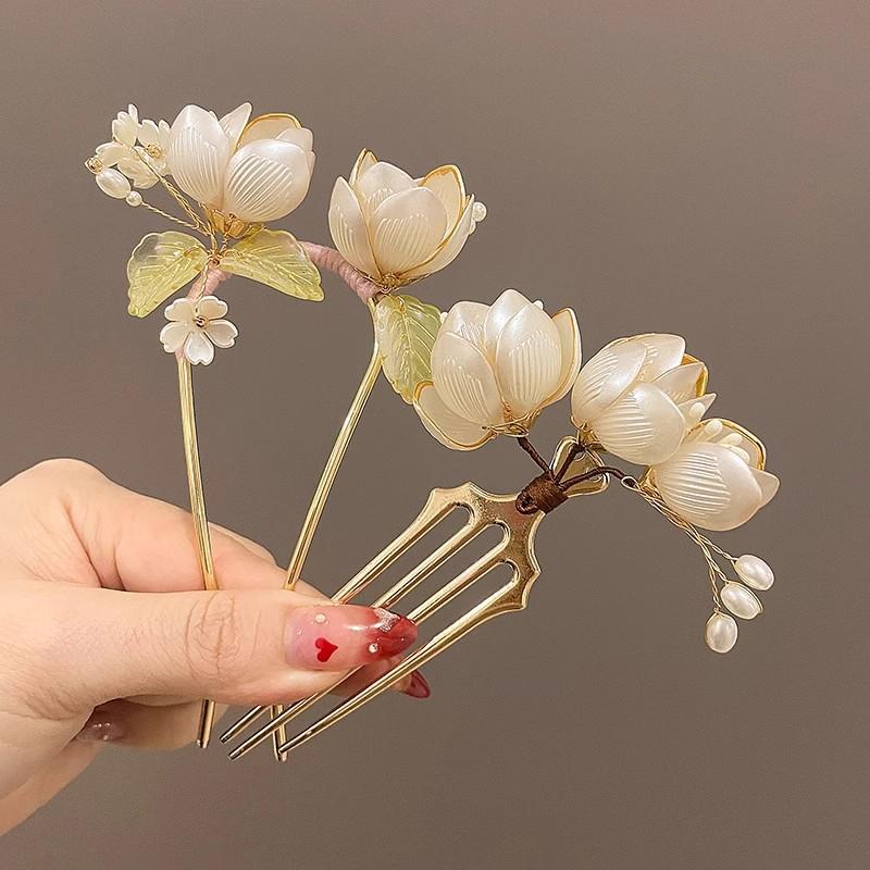 Elegant Pearl Flower U Shape Hair Sticks Hairpin Chinese Style Sweet Flowers Leaves Hair Stick for Women Girl Hair Fork Hanfu