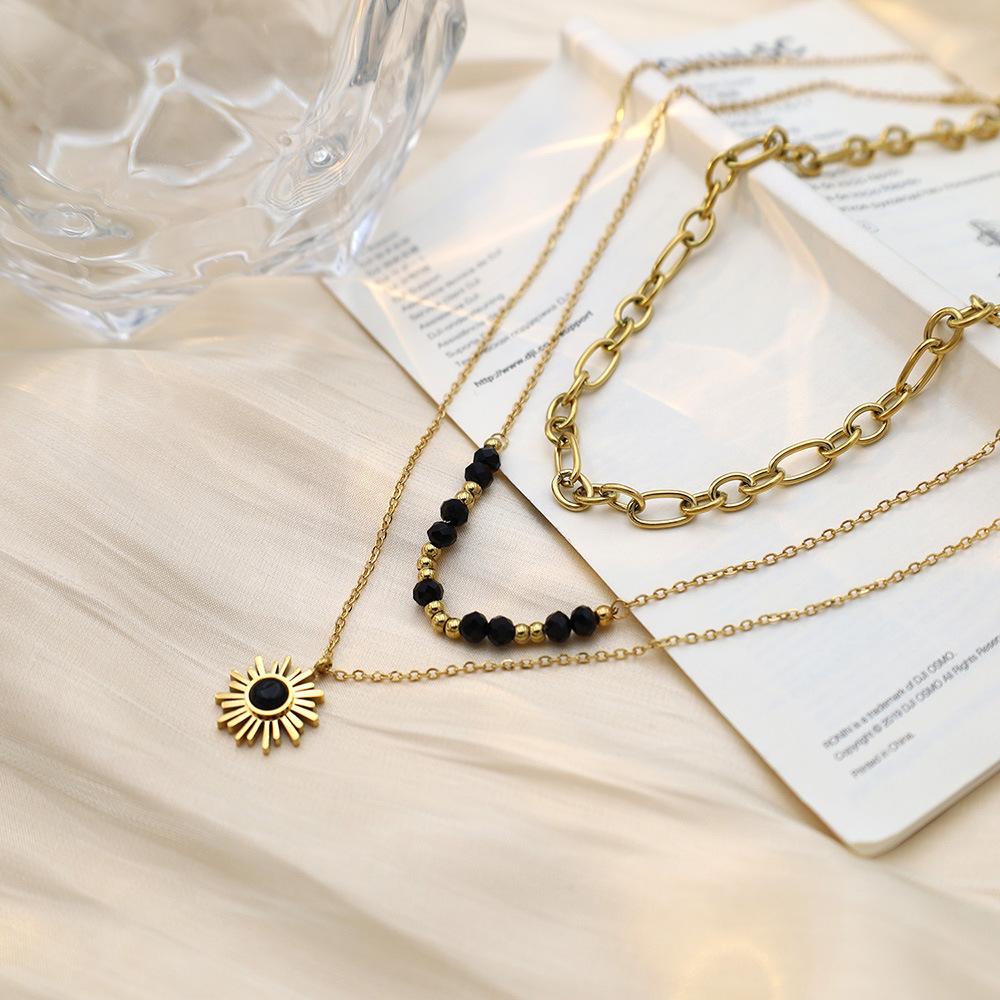 Jewelry Personalized Light Luxury Three-Layer Black Rice Bead Sun Pendant Necklace Female Versatile Niche Stacked Collarbone Chain