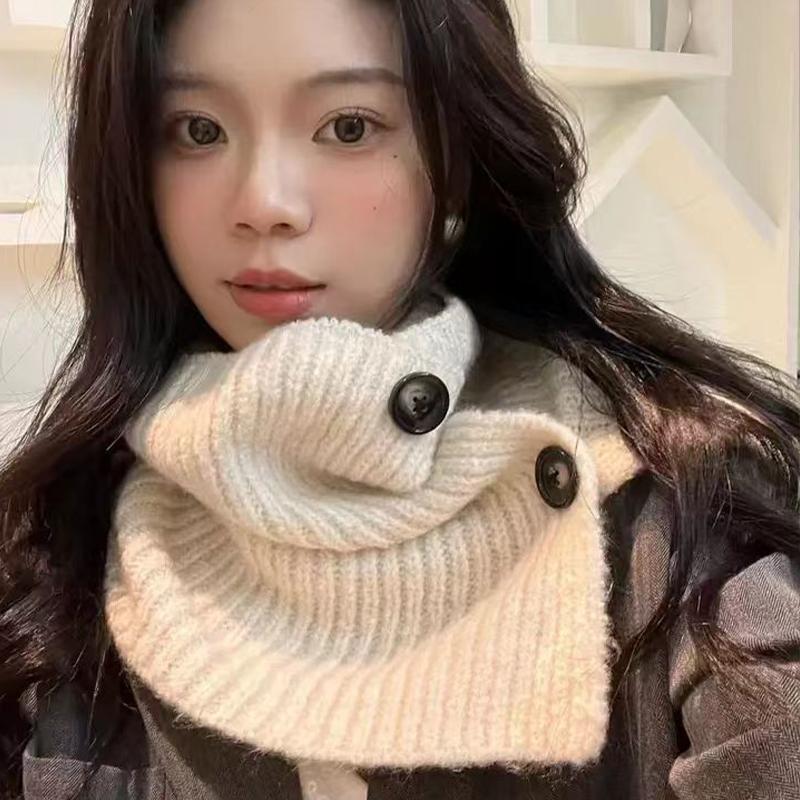 Korean Style Button Scarf Women Autumn And Winter Retro Warm Neck Collar Knitted Shawl Dual-Purpose Cold-Proof Scarf