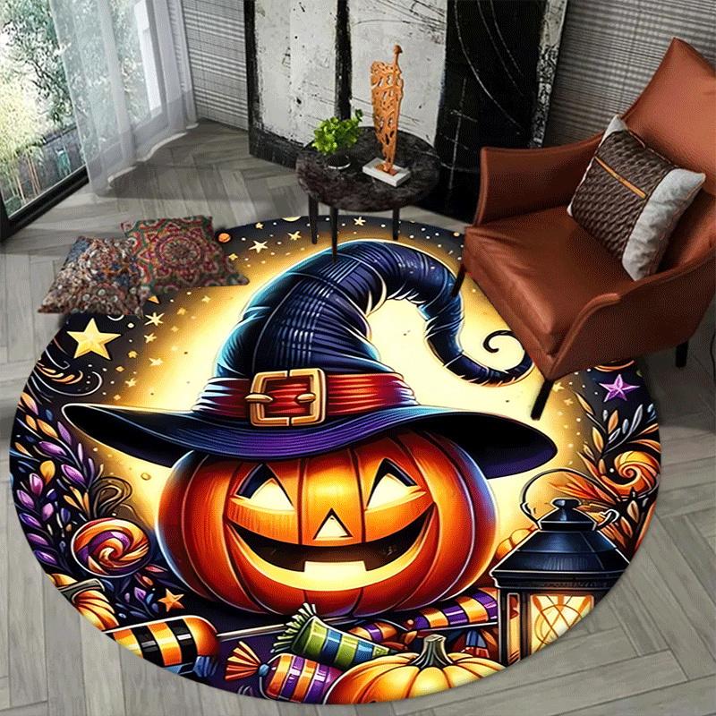 1pc Soft, Absorbent & Non-Slip Halloween Pumpkins and Candies Round Rug, Perfect for Entryway, Living Room, Bedroom Decor, Machine Washable