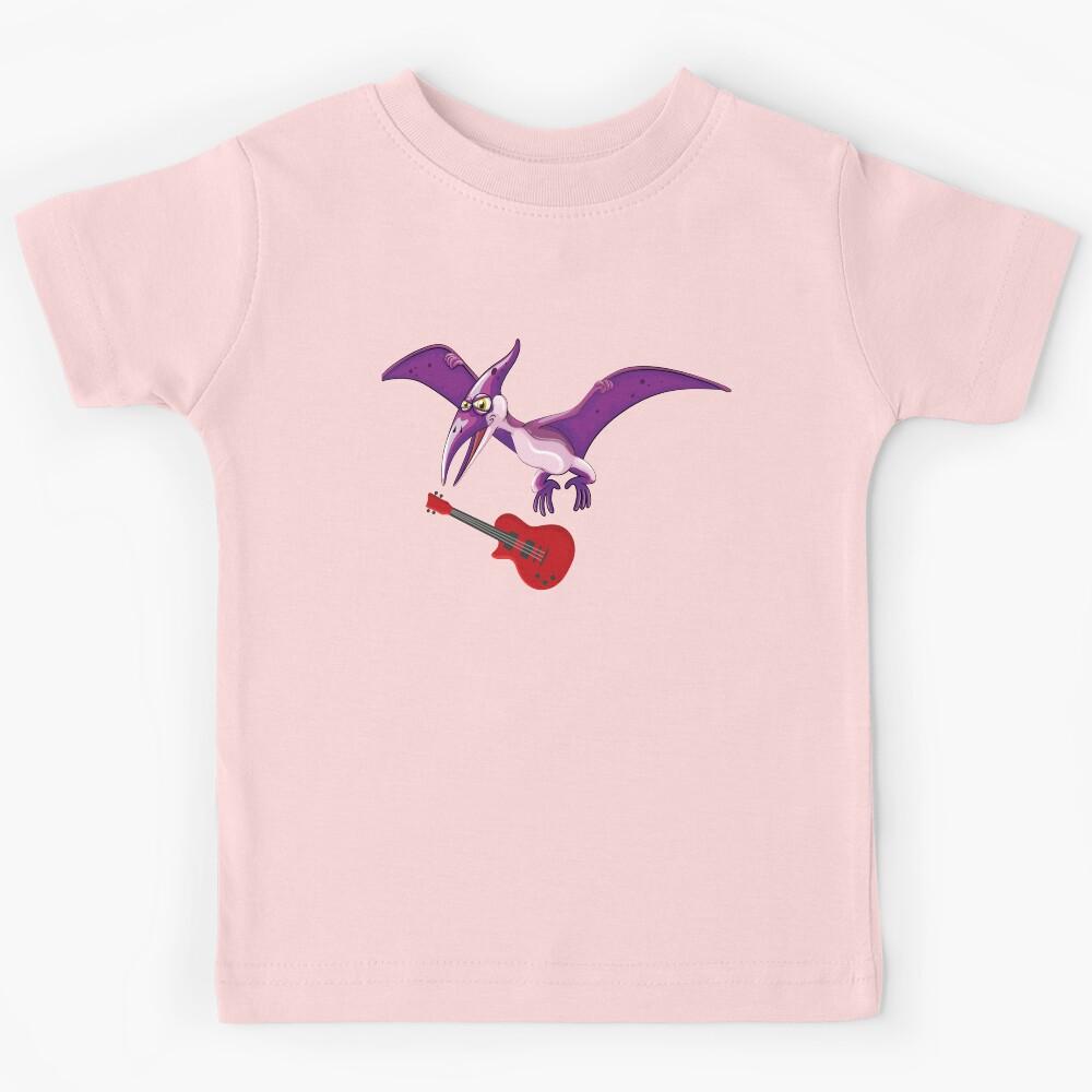 Dinosaur Playing Electric Guitar ,Funny Good Dinosaur Electric Guitar Lovers Simple Flying Design Kids T-Shirt 150