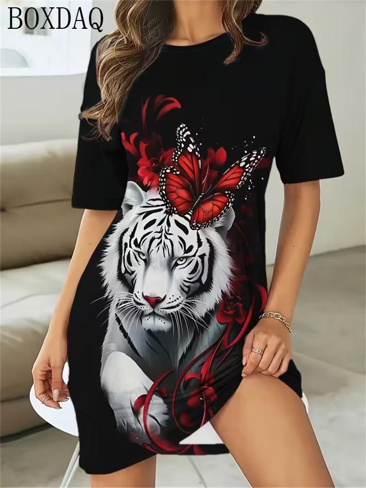 Summer Women's Dresses Casual Short Sleeve Round Neck Tiger Pattern Printed Loose Dress