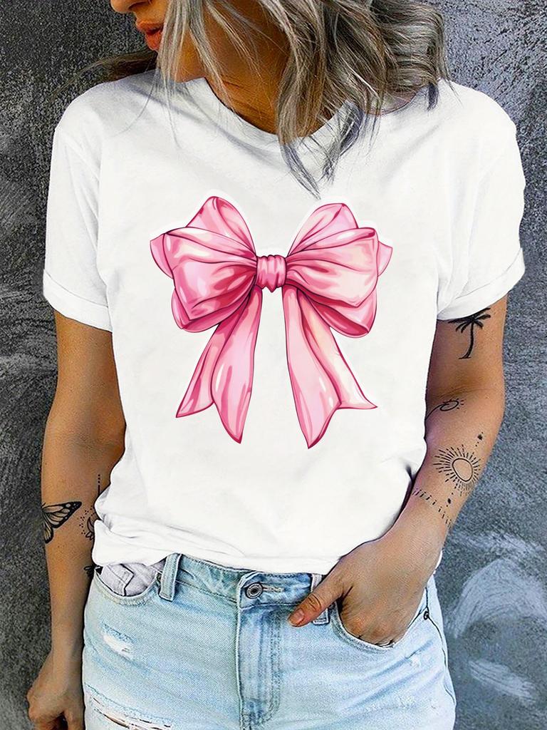 Womens Casual Short Sleeve TShirt with Elegant Pink Bow Graphic Print Summer Short Sleeved Harajuku Streetwear Tops Tees
