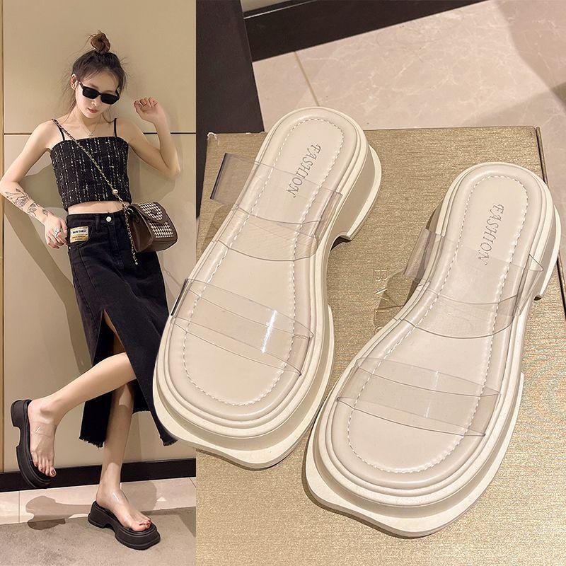 thick-soled French half-drag small cool slippers fairy shoes summer wear 2025 new wedge heel transparent belt sandals