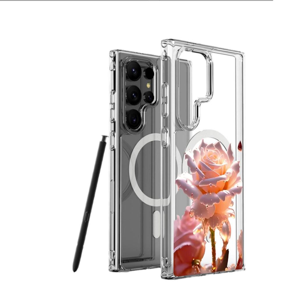 Pink Rose Magnetic Transparent Case for iPhone 15/16/17 Pro Max – Full Coverage