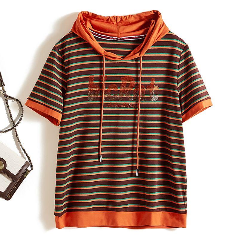 

Style All-Matching Hoodie! Women s Summer Hooded Woven Cotton Breathable Water-Soluble Diamond Letter Gradient Stripes T-shirt Sweat-Absorbent Orange Red L