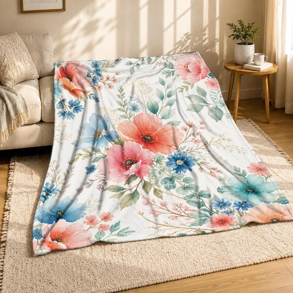 Pastel Watercolor Floral Plush Throw Blanket