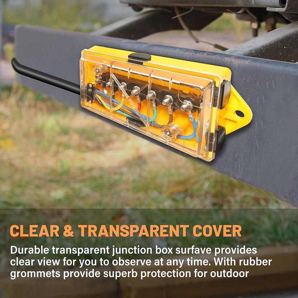 MECMO 7 Way Trailer Wire Junction Box Clear Cover Color-Coded 7 Pin Terminal Studs, Heavy Duty 7 Gang Trailer Wiring Connector Weatherproof