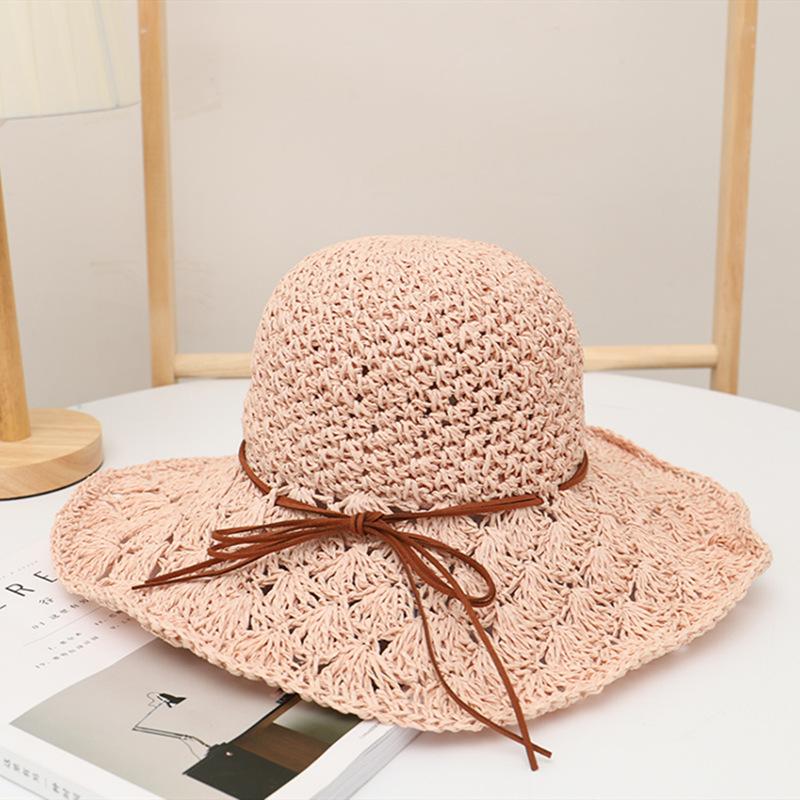 Handmade Crochet Straw Hat Women's Foldable Versatile Bow Travel Vacation Visor Beach Big Eaves Hat Summer
