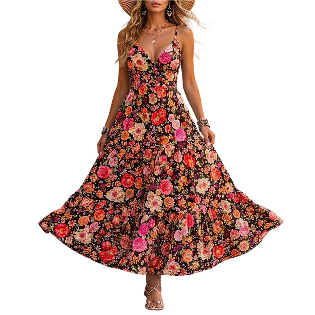 Women’s Casual Floral Print Spaghetti Strap Maxi Dress Lightweight Sleeveless Beach Holiday Long Sundress Loose Fit Summer Dress