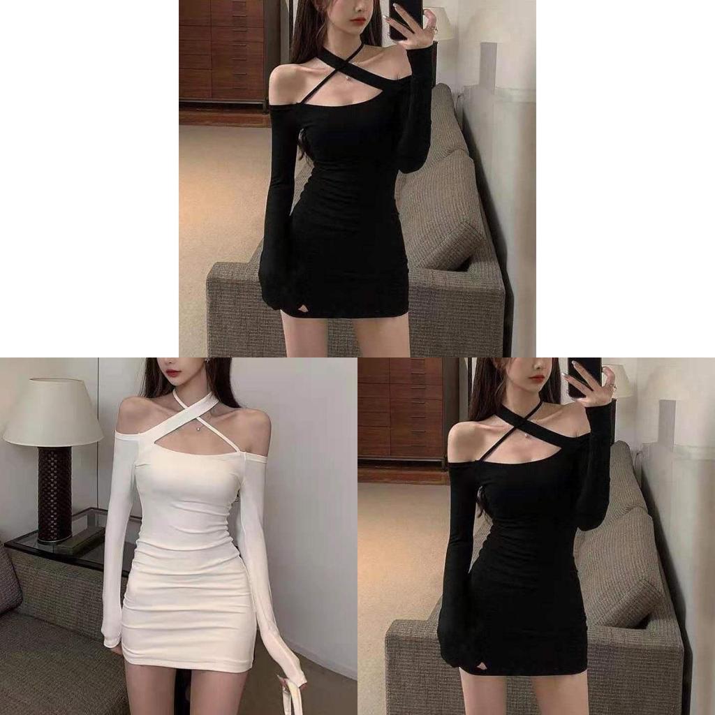 Plain Color Off Shoulder Long Sleeve Dress With High Waist For Office And Casual Wear
