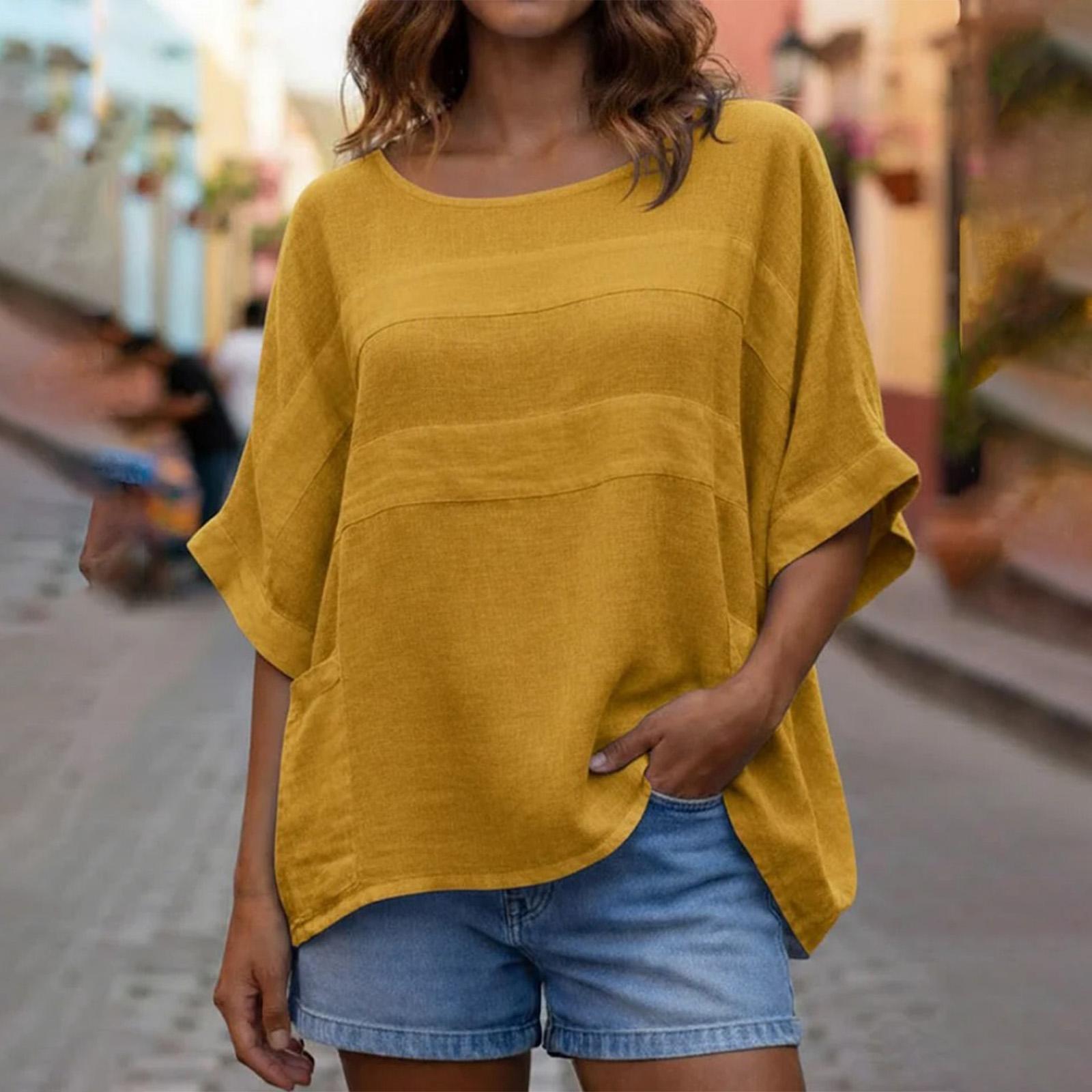 

Women s Round Neck Three-point Sleeve Casual Loose Top M жёлтый