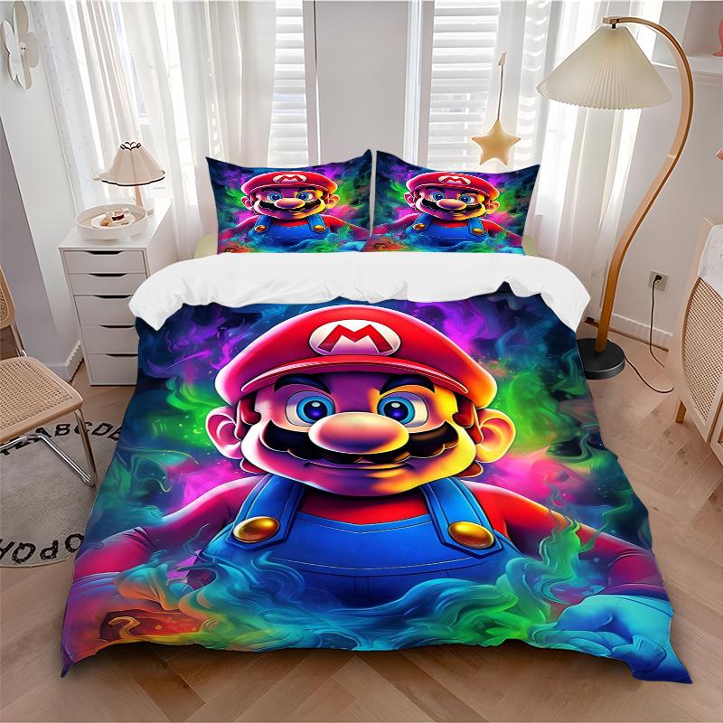 3pcs Colorful Super Mario Bedding Set - Includes 1 Quilt Cover and 2 Pillowcases, Comfortable Bedding with Stylish Design for Bedroom, Machi