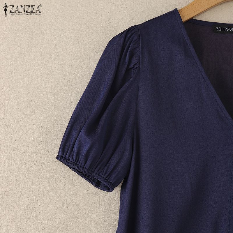 ZANZEA Women Casual V-Neck Solid Color Summer Short Sleeve Dress