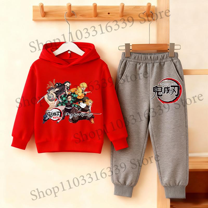 Felpa con Cappuccio e Pantaloni Anime Demon Slayer Set per Bambini Felpa con Cappuccio Giacca Pantaloni Set Ragazzi Ragazze Top Pullover Autunnale Abbigliamento Regalo