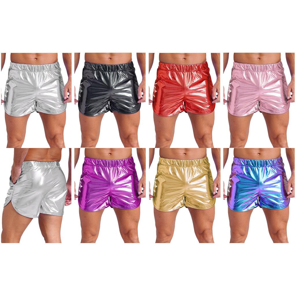Męskie Błyszczące Metaliczne Szorty Hot Pants z Elastycznym Pasem Kieszeniami Bocznymi Dopasowane do Ciała Gorące Spodenki do Kulturystyki Nightclubu Jogi Fitness