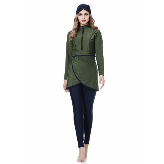 Conjunto de 3 Peças/Conjunto Feminino Maiô Dividido Saia Frontal Fechamento Seguro com Zíper Proteção UV Tops Calças Compridas para Natação Conjunto com Lenço de Cabeça