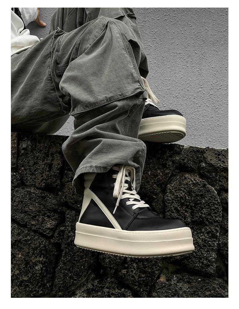 2024 Genuine Leather European & American Trendy Men's High-Top Black & White Thick-Soled Short Boots with Inverted Triangle Design