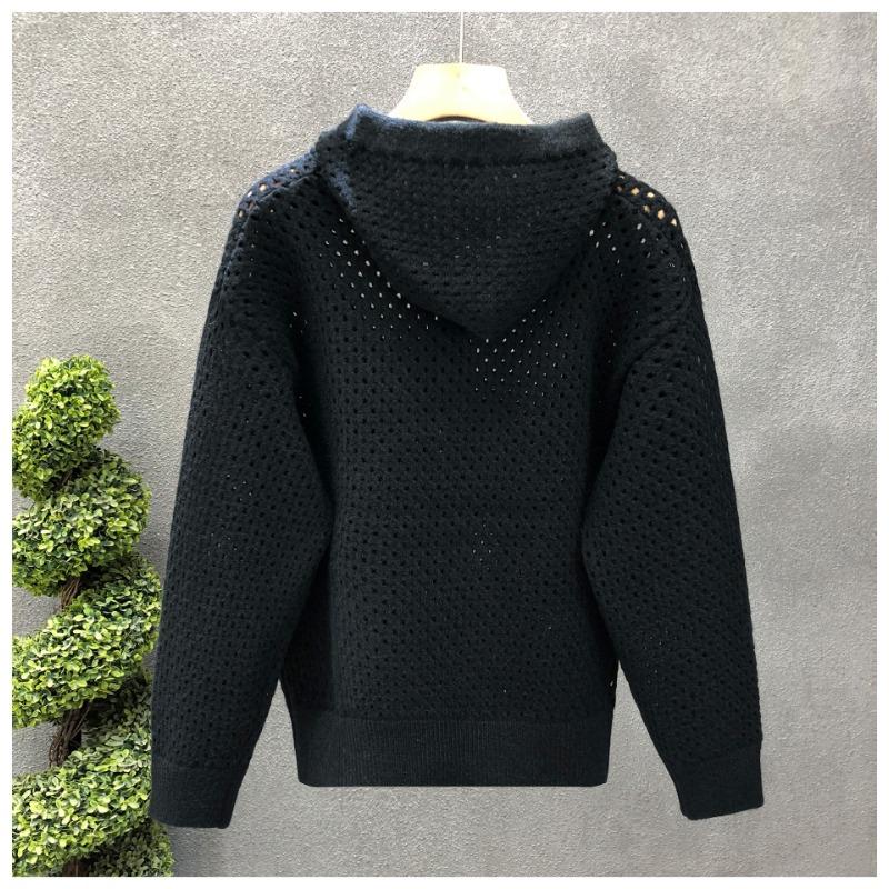 Mens Hollow Out Hooded Cardigan Loose Knit Sweater Casual Outerwear
