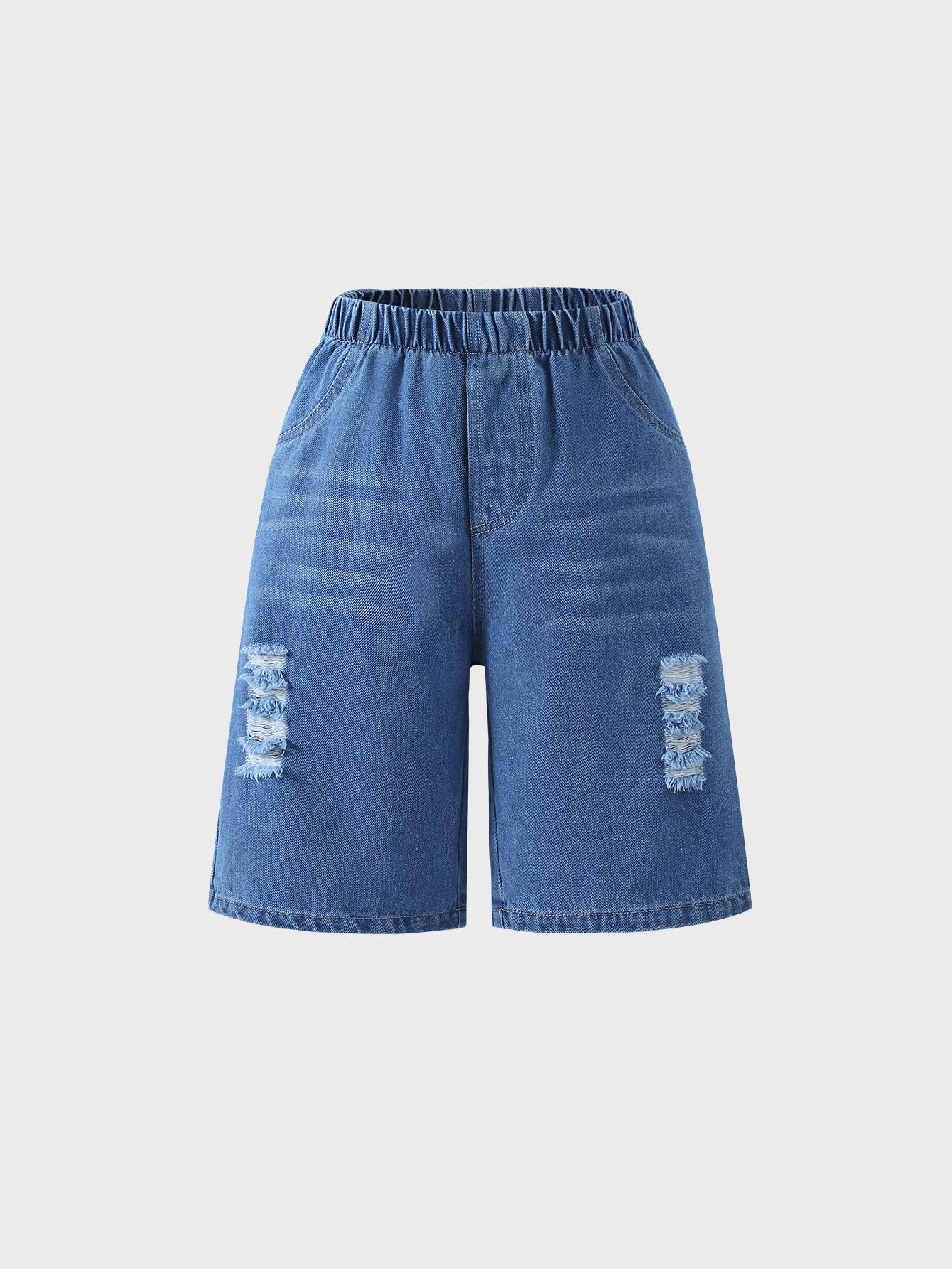Girls  Casual Denim Shorts – Loose-Fit, Mid-Length, Distressed Style; Trendy Korean-Inspired, Versatile, and Stylish Summer Wear. 8Y средний синий