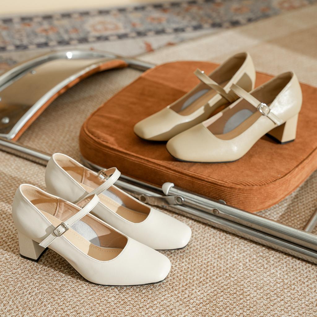 Leather square head shallow mouth high heels women's one-word buckle Mary Jane women's shoes with skirt spring and autumn French thick heel sing