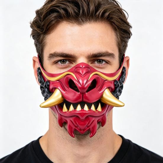 Halloween Cosplay Costume Mask Japanese Hannya Red Half Mask, Wolf Teeth & Embossed Cloud Details, Breathable Lightweight Distressed Design