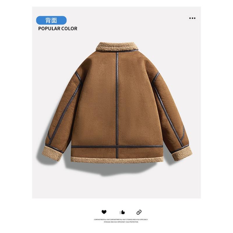 Unisex Brown Suede Sherpa Lined Jacket Contrast Piping Winter Warm Coat Solid Color Top