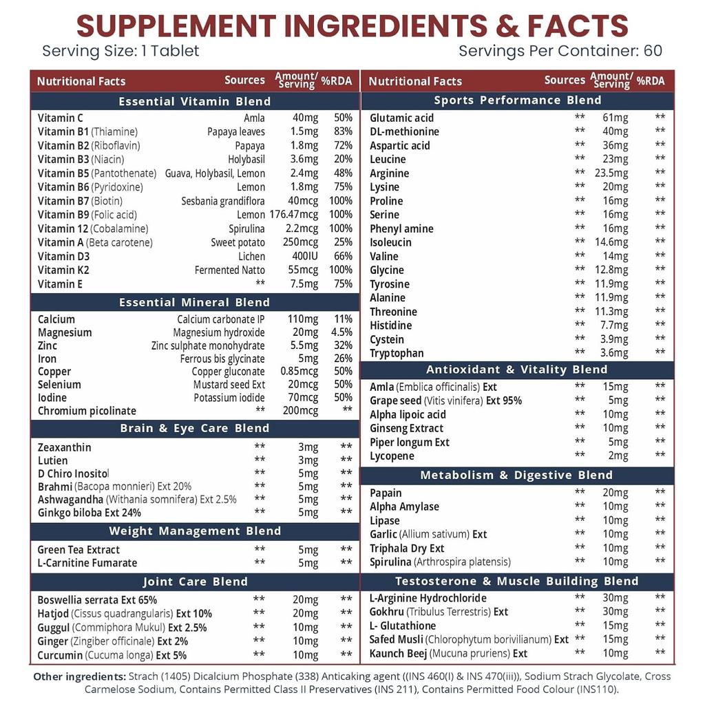 Vlados Himalayan Organics Multivitamin Sport Supplement 60 Veg-Tabletten für Gehirn, Augen, Muskeln, Gelenke